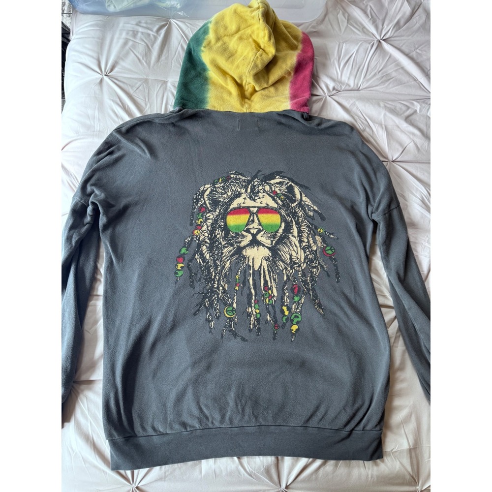 Lauren Moshi Lion Love Rasta Hood Charcoal Gray Graphic Hoodie Sweatshirt Small
